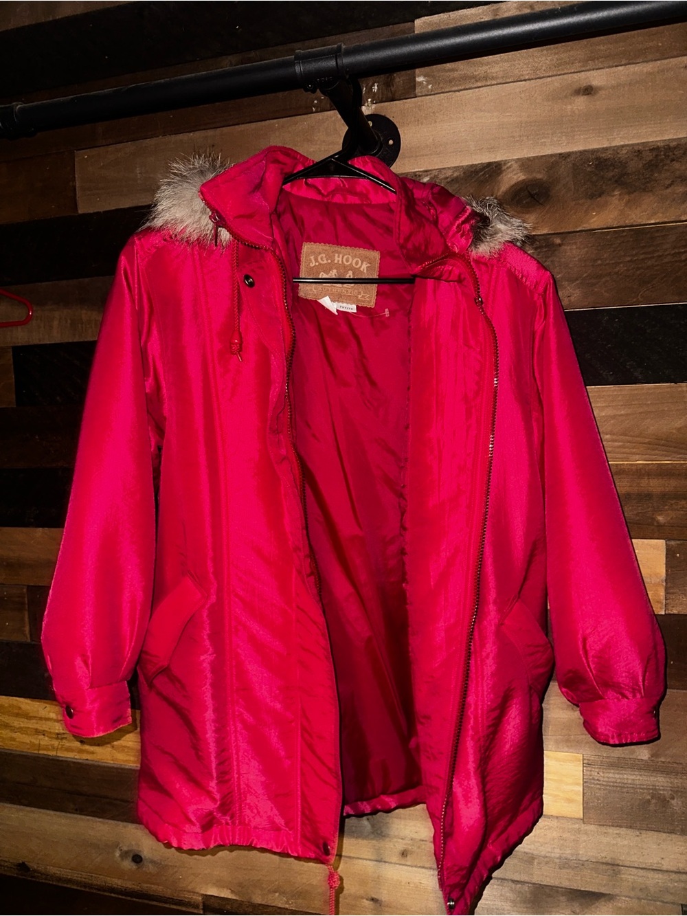 J.G. Hook Women's Red Hooded Bomber Jacket with Faux Fur Trim